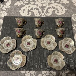 Vtg Japan Porcelain Victorian Scene Courting 6 set Tea Cups & Saucers